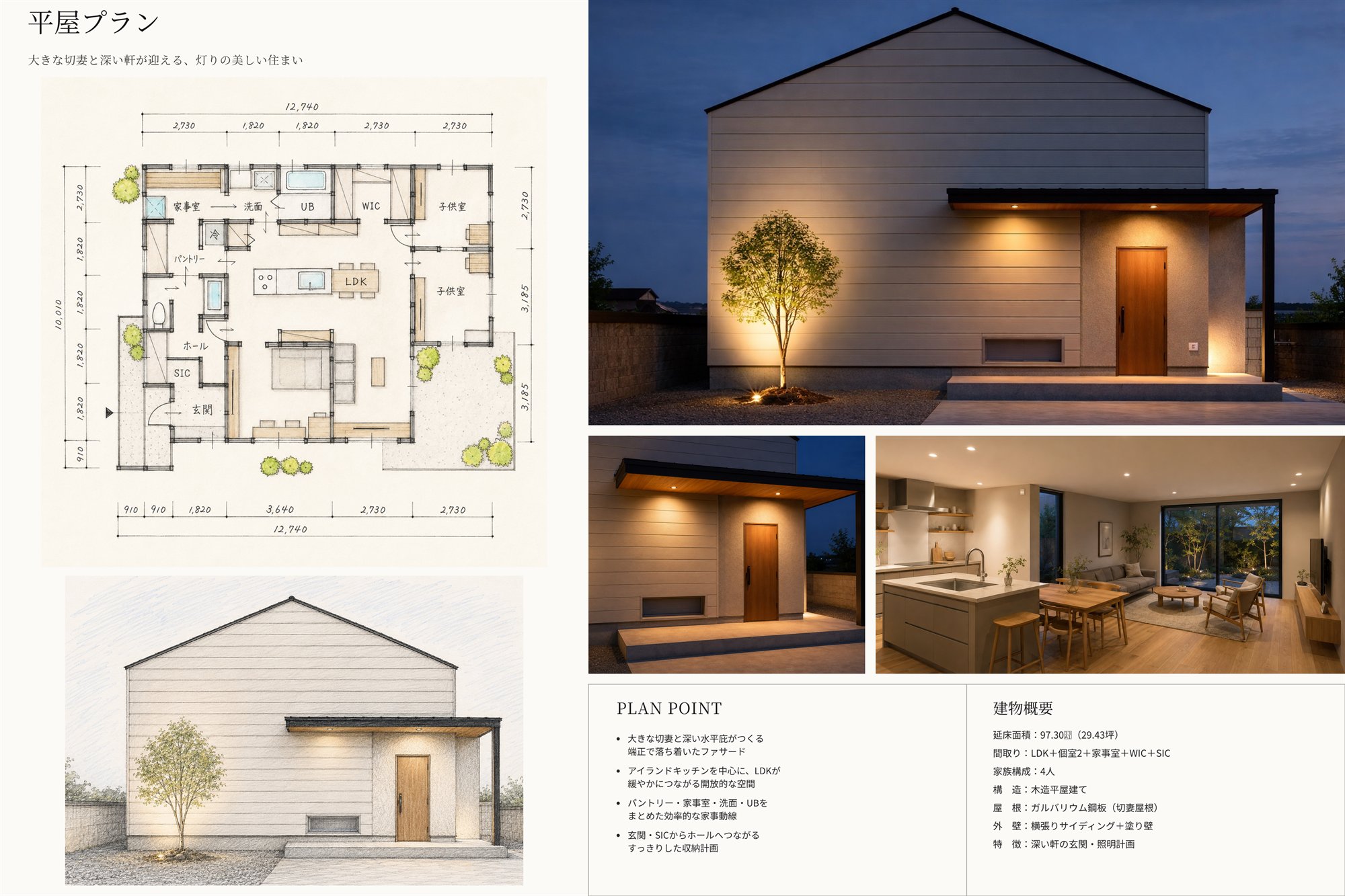 COURT PLAN ── 平屋の間取り図・立面図・外観(プランシート・29.43坪/2LDK+家事室)|秀光ビルド徳島店