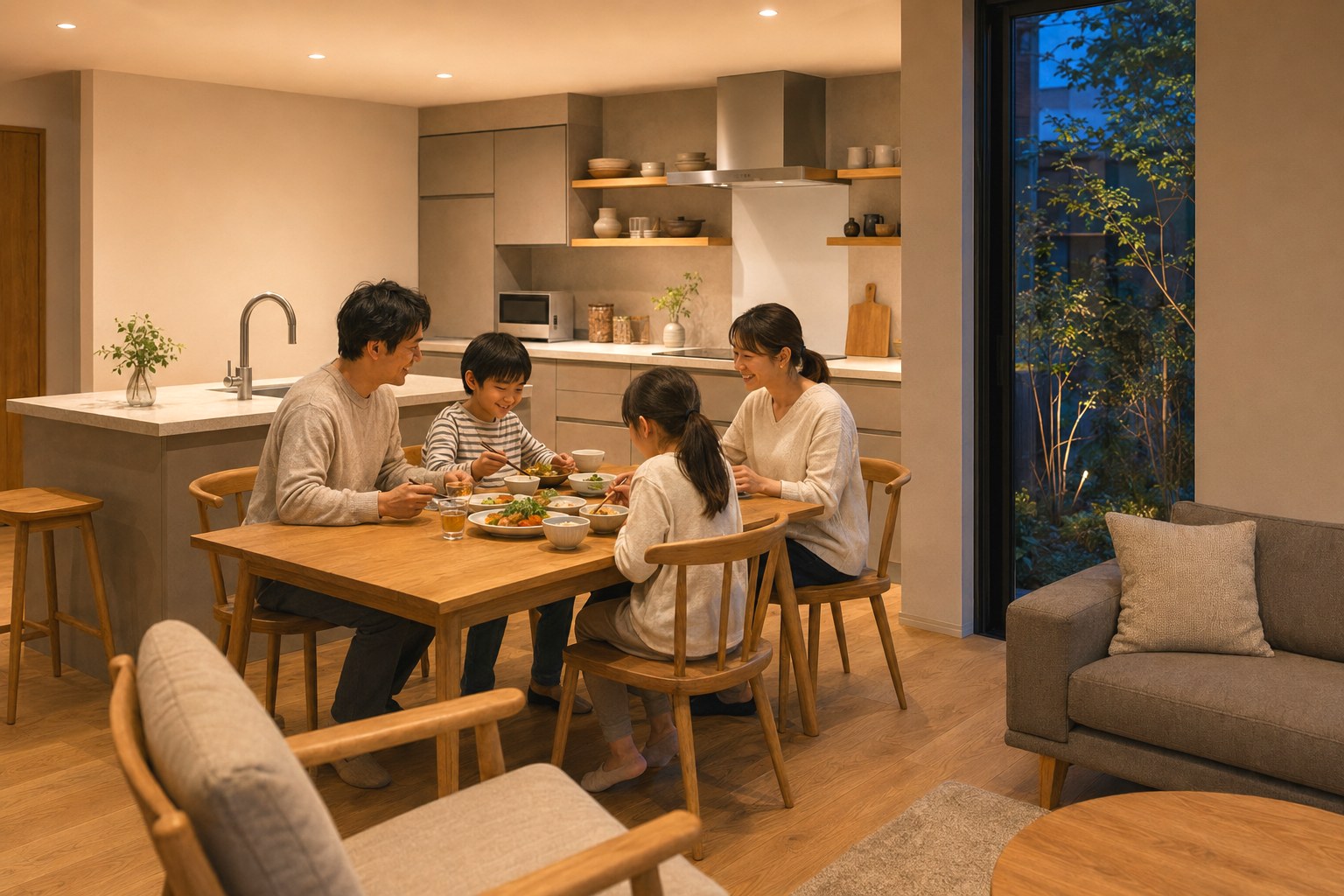 FLOW ダイニング・キッチン ── 家族で食卓を囲む|秀光ビルド徳島店