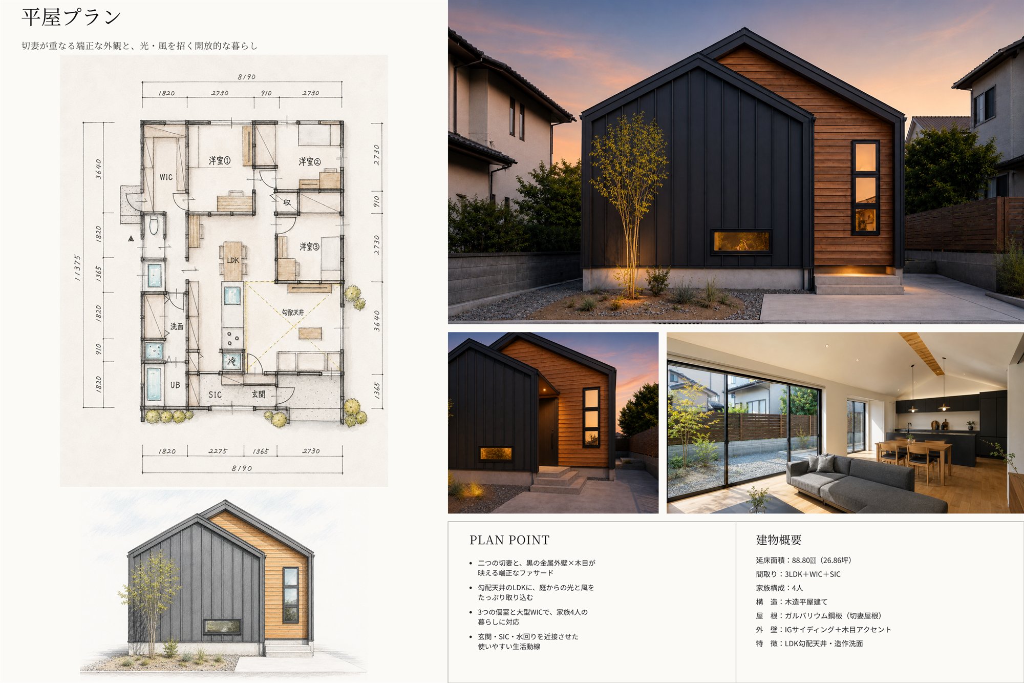 GARDEN PLAN ── 庭までリビングになる平屋の間取り図・立面図・外観(プランシート)|秀光ビルド徳島店