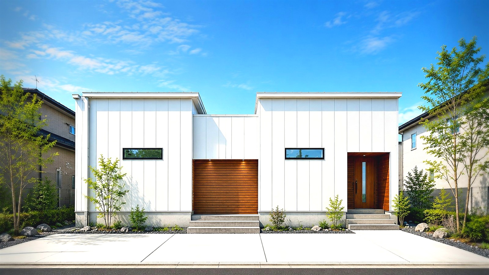 LOFT 外観 ── 屋根の高さを活かしたロフトのある平屋(白い外壁・木目スリット)|秀光ビルド徳島店